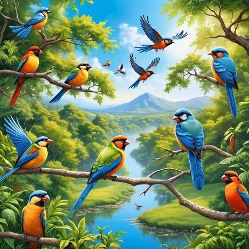 Prompt: Beautiful nature landscape with vibrant birds, lush trees, clear blue skies, high definition, realistic painting, lively atmosphere, colorful feathers, detailed foliage, serene natural setting, high quality, realistic, vibrant colors, lush greenery, colorful birds, peaceful and idyllic scene, clear blue skies, detailed feathers, professional, natural lighting