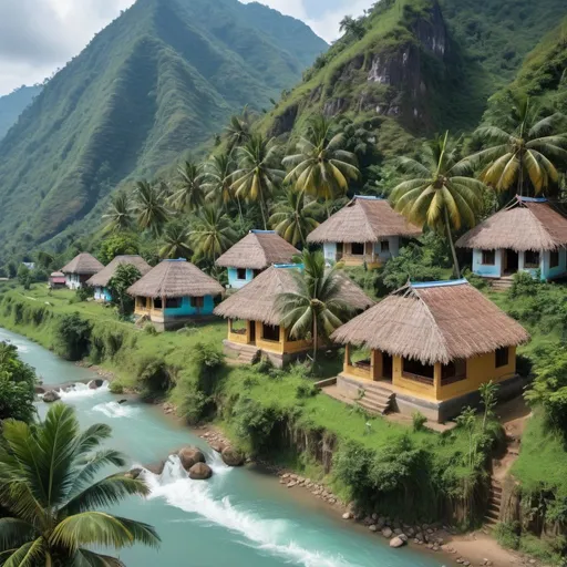 Prompt: A village with 4 small houses situated at the ground of a green mountain. A river with blue water flowing from the top of the mountain, passing near these 4 houses. On the other side of the river there are 5 coconut, 6 mango trees, and in the middle of it there is small temple. 