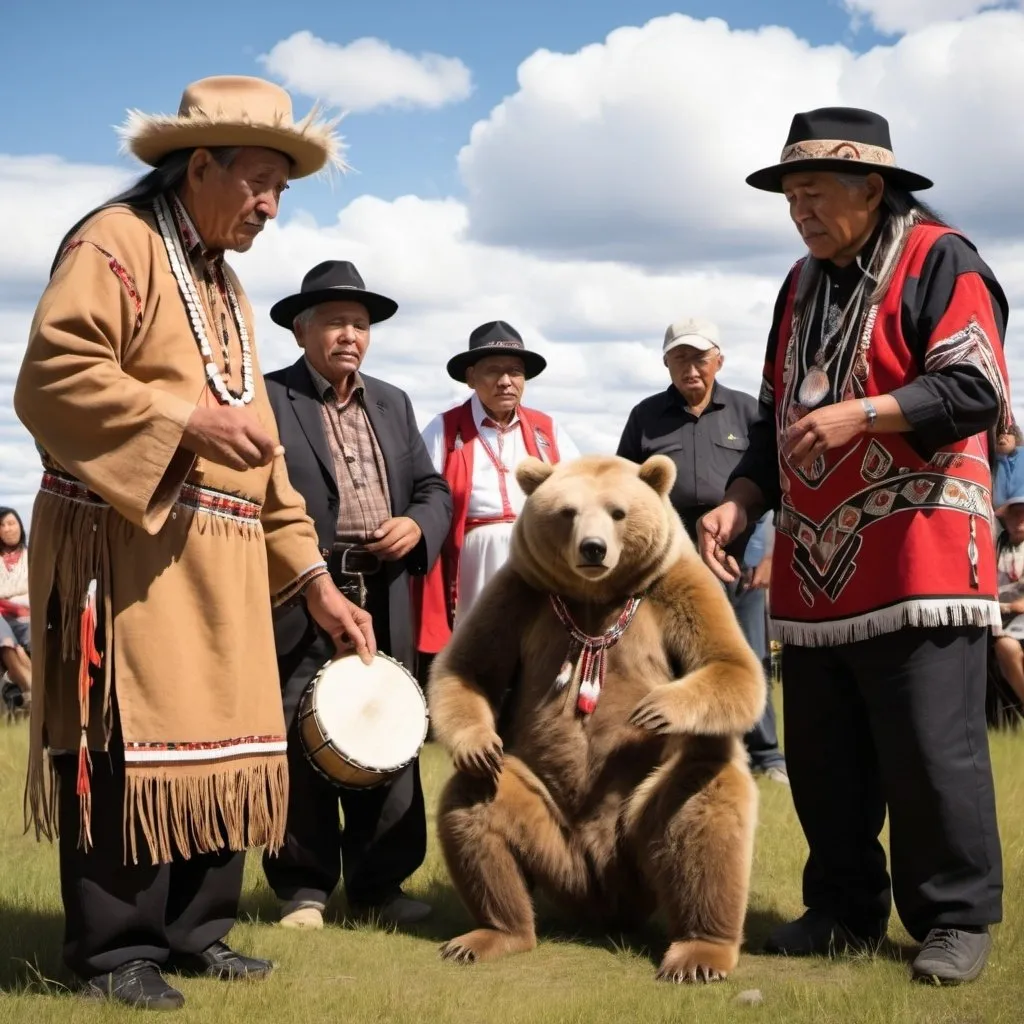 Prompt: Sky Bear with village elders, learning to drum, sing, and dance in traditional Cree attire, under the guidance of an Elder Bear with village elders, learning to drum, sing, and dance in traditional Cree attire, under the guidance of an elder