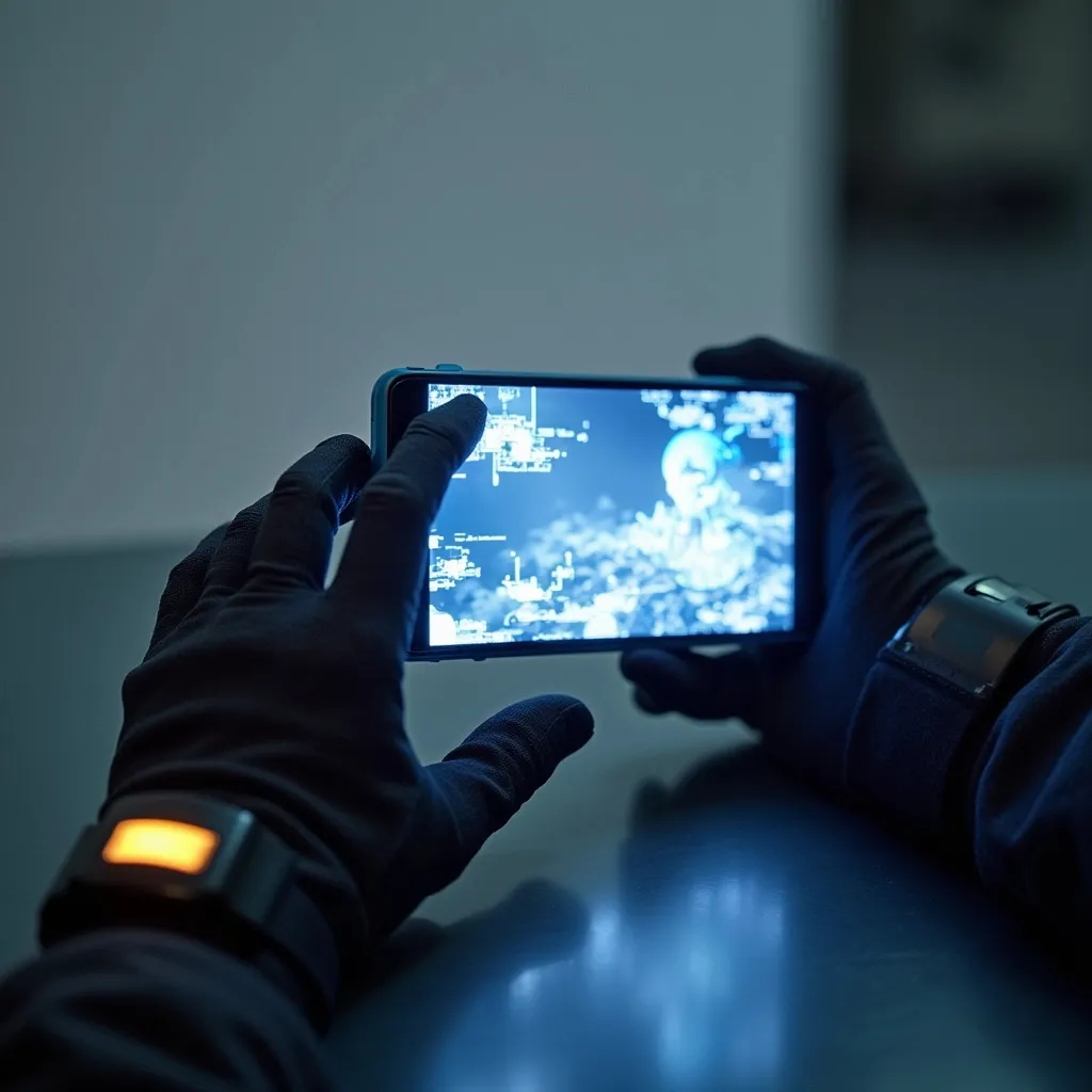 Prompt: It is a pair of gloves — one glove can project 3D images and includes a system for making calls and sending messages to other devices. You can play games on it anywhere and check your health and current condition displayed on the 3D screen. The other glove allows you to interact with the screen projected by the first glove."
