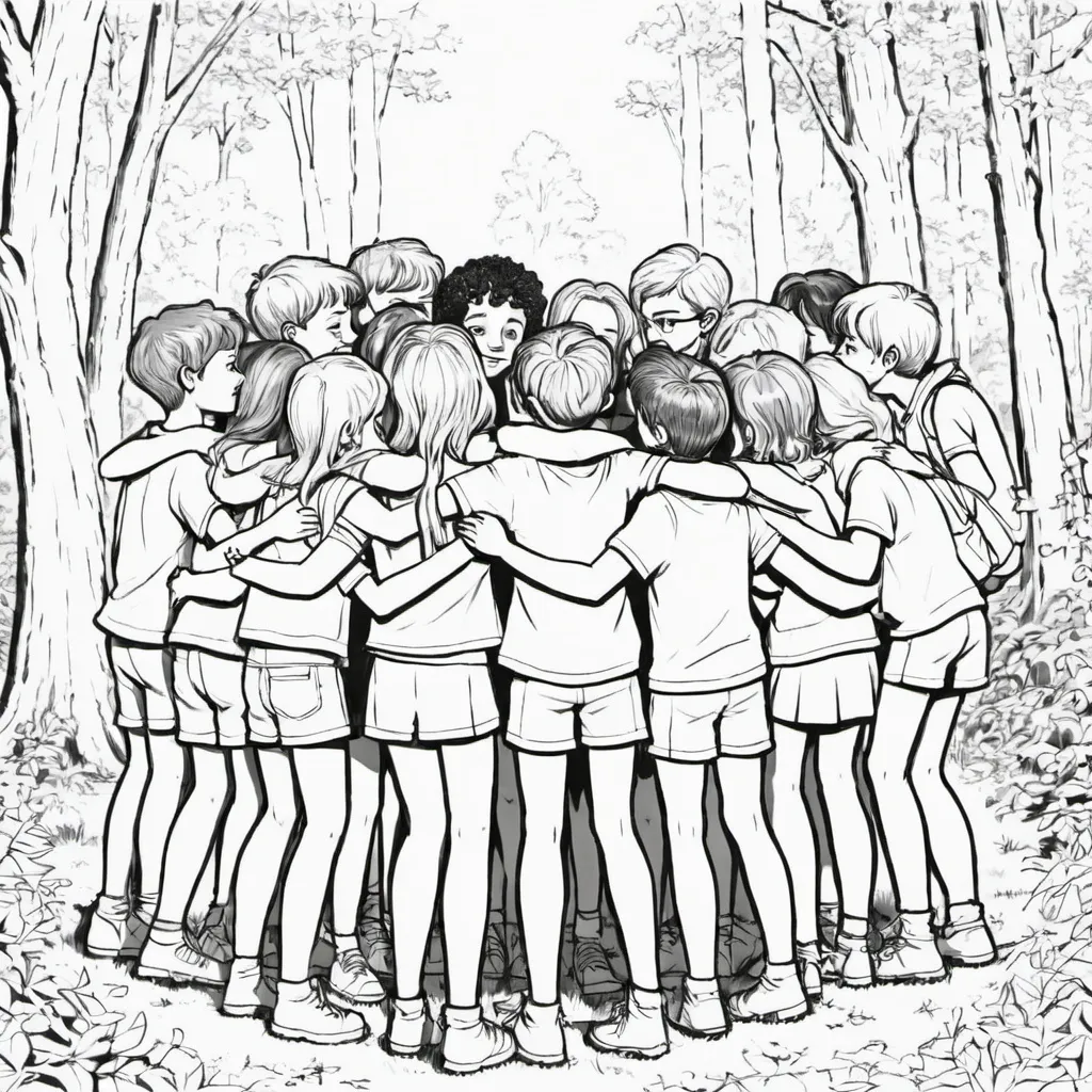 Prompt: 60 teenagers and kids standing in a circle in the woods hugging each other 