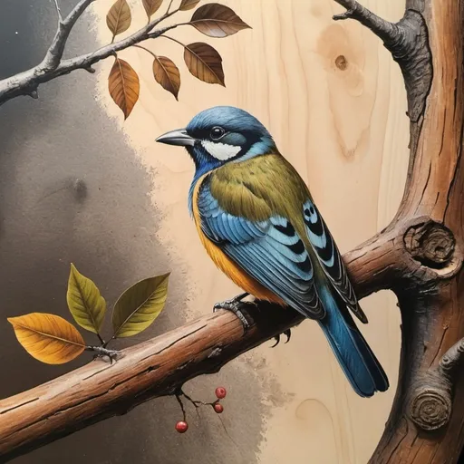 Prompt: a bird sitting on a branch next to a piece of wood and a piece of wood with a bird on it, Barent Fabritius, crayon art, in gouache detailed paintings, a photorealistic painting