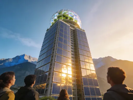 Prompt: a self sustained building that has solar panel to the south and mountains to the north, bio dome on top of the building 50 stories can you make from humans looking up at ut