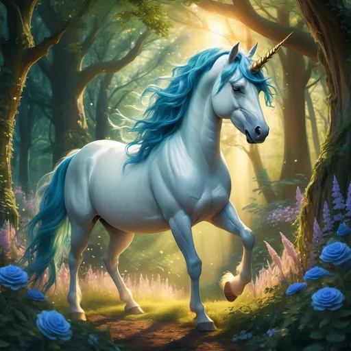 Prompt: (unicorn), blue hair, majestic stance, (sunshine filtering through the trees), serene forest background, vibrant green foliage, golden light casting enchanting shadows, (whimsical atmosphere), magical ambiance, delicate flowers surrounding, high-quality, ultra-detailed, capturing the essence of fantasy, (dreamy imagery), warm color tones adding to the tranquil scene.