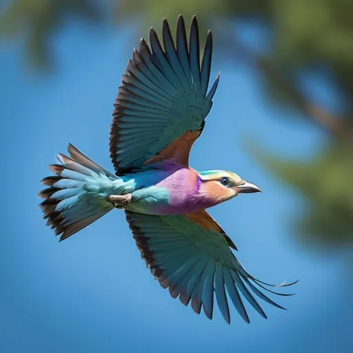 Prompt: Lilac breasted roller (in flight), dramatic close-up, soaring elegantly through the sky, vivid blue background, fullness of wings displayed, haute HDR detailing, showcasing unique plumage in vibrant colors, capturing graceful motion, nature's beauty in action, uplifting and serene ambiance, ultra-detailed.