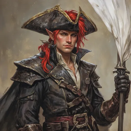 Prompt: A male dnd wood elf pirate rouge with red hair
