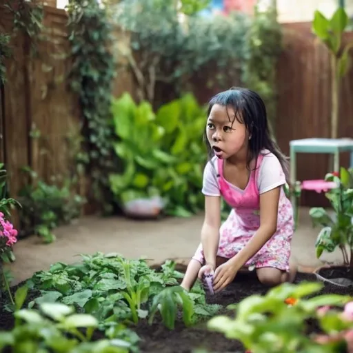 Prompt: a 7 year old down syndrome girl playing in a garden