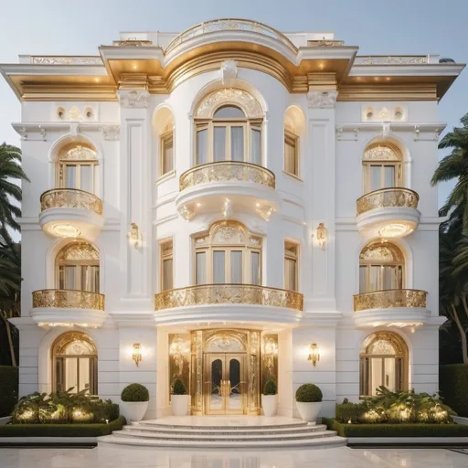 Prompt: Luxury gold house and apartment exterior, white tones, luxurious design, opulent detailing, high-end finish, grand entrance, lavish landscaping, exquisite architectural elements, pristine white exterior, sparkling gold accents, high quality, upscale, luxury, gold and white tones, opulent, grand, detailed design, elegant lighting