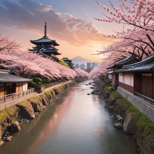 Prompt: a River flowing beside Japanese Sakura Trees with Building andSunset as the Background