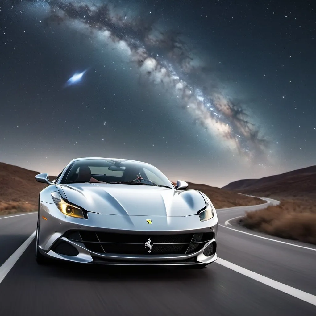 Prompt: a silver Ferrari driving on the road in stary night sky with milky ways and comets background