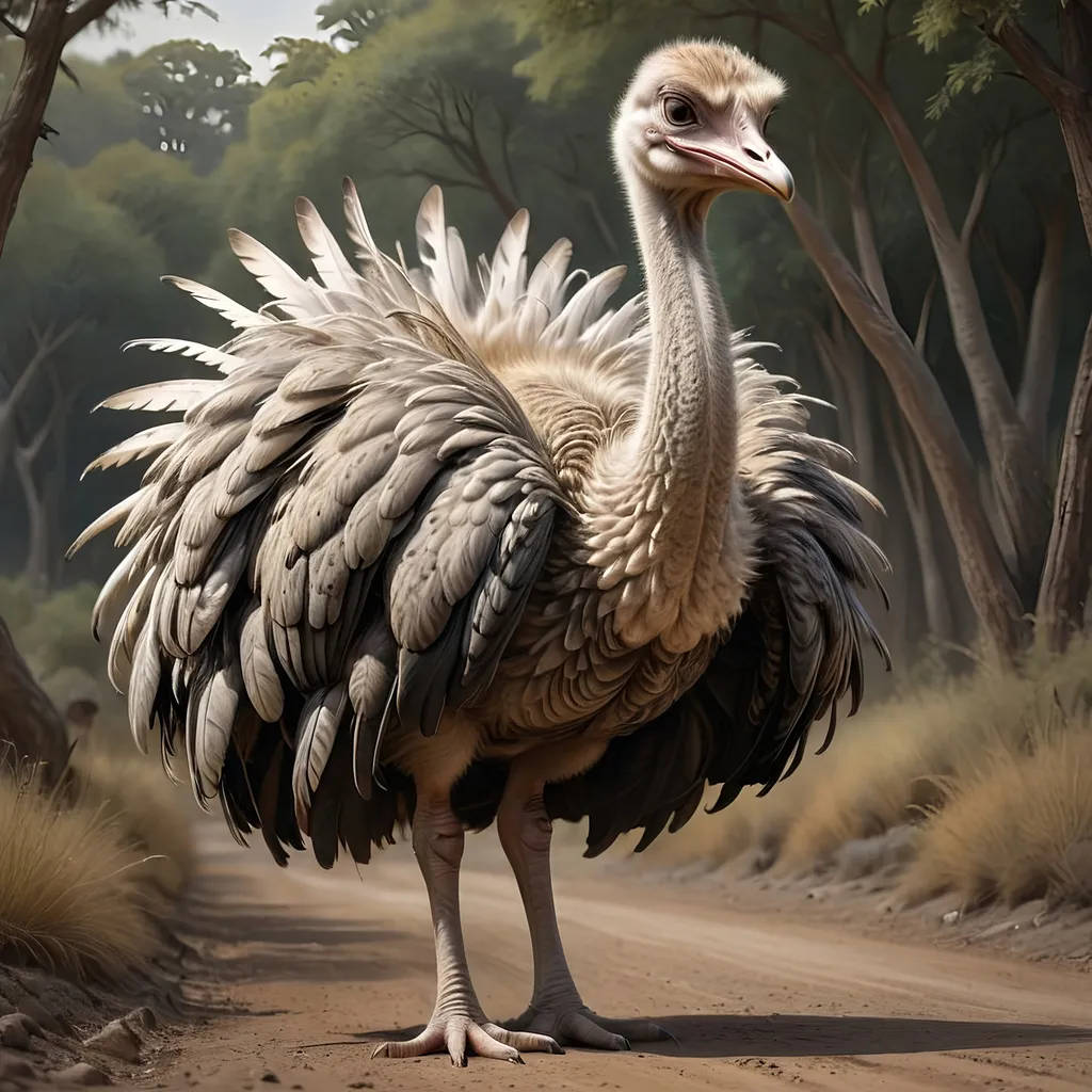 Prompt: a large ostrich like bird with a very long neck  powerful legs with taloned feet and black and white feathers on it's head with a line silver feathers from front to back. standing on a dirt road, Chris LaBrooy, photorealism, photoreal, a photorealistic painting