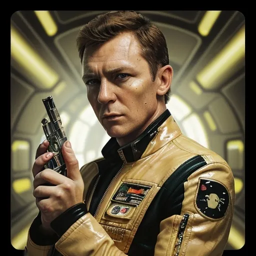 Prompt: A portrait of A bond human starship pilot wearing tan vinyl jumpsuit holding a blaster pistol in one hand and a playing card in his other. He has green eyes and a small scar on his left cheek. 