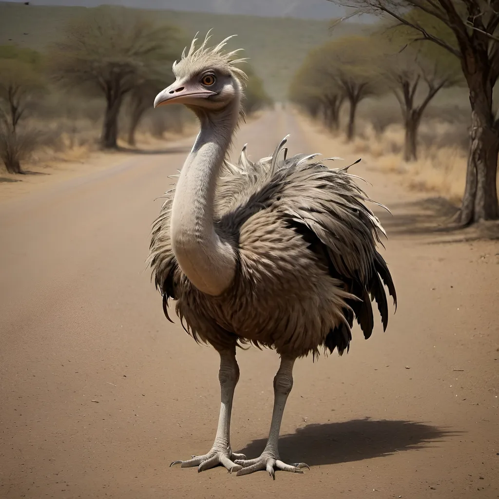 Prompt: A beast of burden, the pfurgh is a large flightless bird resembling a cross between a stocky ostrich and a horse sized road runner bird. They have mottled feathers resembling that of a north American partridge. The pfurgh can carry a grown
man at considerable speeds on flat ground. In the wild they are
herd animals and prefer equatorial savannahs