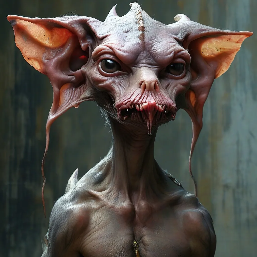 Prompt: a grotesque humanoid creature with slanting eyes and a flattened snoutlike nose. A Lugrok’s teeth are large
and irregular, with oversized incisors which frequently jut from
their thick-lipped mouth. Hulking in form, with heavily muscled
bodies and thick limbs, Lugrôki respect little save superior force.
Lesser Lugrôki are born to live, fight, and die in darkness;
they hate the day and sometimes panic under the brighter sun.
Greater Lugrôki are smarter and tougher; they can operate in
daylight and possess superior skills in speaking, reasoning, and
fighting; some individuals have been known to be spell-caster
