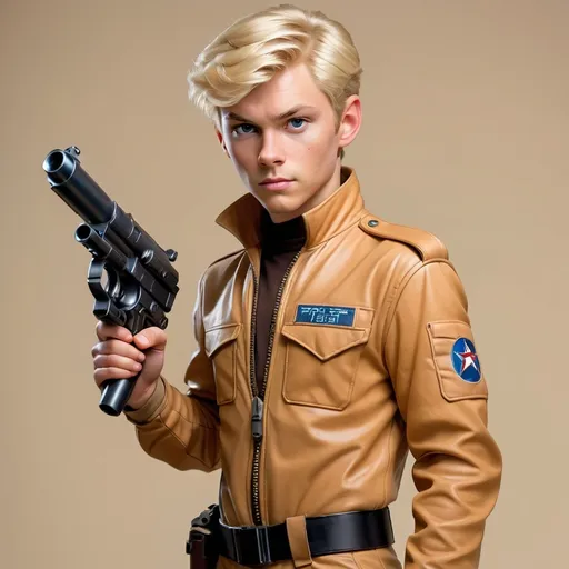 Prompt: Portrait, Young human male blonde starship pilot, holding a blaster pistol, wearing tan vinyl jumpsuit.