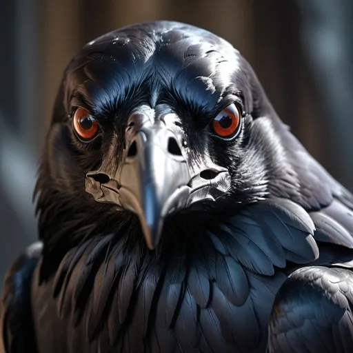 Prompt: (hyper-realistic raven), (demonic intelligent eyes), slightly larger than average crow, majestic wings spread like a cloak, dark and brooding feathers with intricate textures, eerie and captivating atmosphere, detailed facial features showing intelligence, ultra-detailed, dramatic lighting casting shadows, ominous background hinting at a mystical realm, high quality 4K resolution.