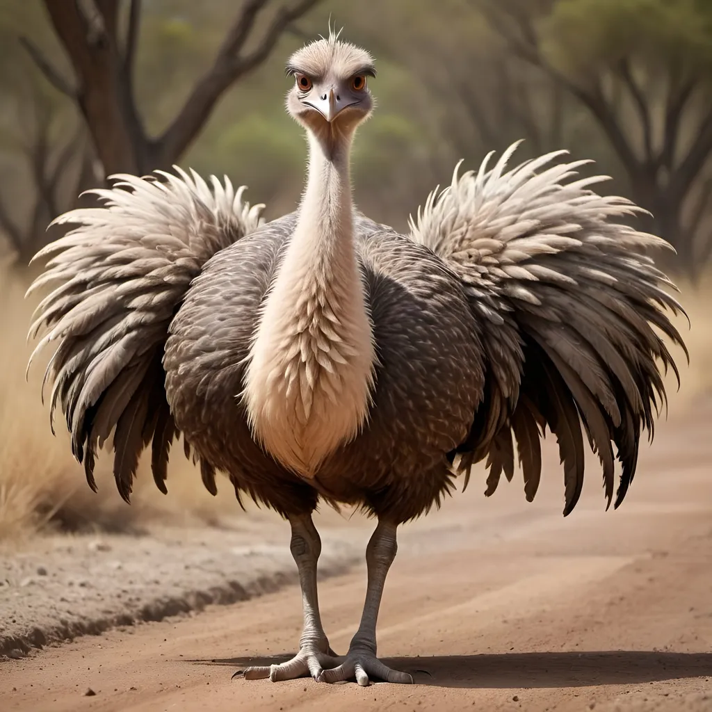Prompt: A beast of burden, the pfurgh is a large flightless bird resembling a cross between a stocky ostrich and a horse sized road runner bird. They have mottled feathers resembling that of a north American partridge. The pfurgh can carry a grown
man at considerable speeds on flat ground. In the wild they are
herd animals and prefer equatorial savannahs