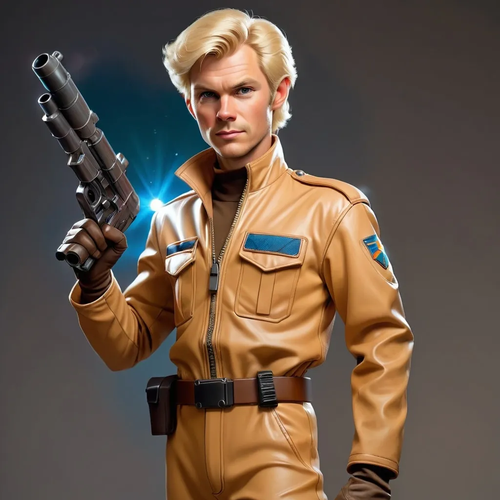 Prompt: Portrait, human male blonde starship pilot, holding a blaster pistol, wearing tan vinyl jumpsuit.