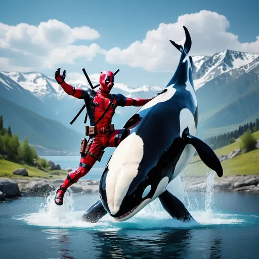 Prompt: (Deadpool and a killer whale), epic fusion of hero and nature, vibrant colors, picturesque Dagestani mountains in the background, azure sky, dramatic lighting emphasizing their presence, playful interaction, high detail characters, dynamic poses, cinematic atmosphere, 4K resolution, a blend of action and calm in this unique scene.