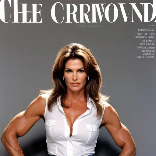 Prompt: Cindy Crawford wearing sleeveless, white button-up shirt with deep cleavage tucked in jeans with belt, showing muscular arms, flexing huge, veiny biceps.