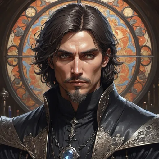 Prompt: half portrait splash art of a man, magician, warrior, priest, dark eyes, goth style, leather, dark suit, open eyes, visible face, 8k, highly detailed, intricate, smooth, sharp focus, artstation, digital painting, concept art, art by Ayami Kojimma, alphonse mucha and John William Waterhouse, D&D, fantasy