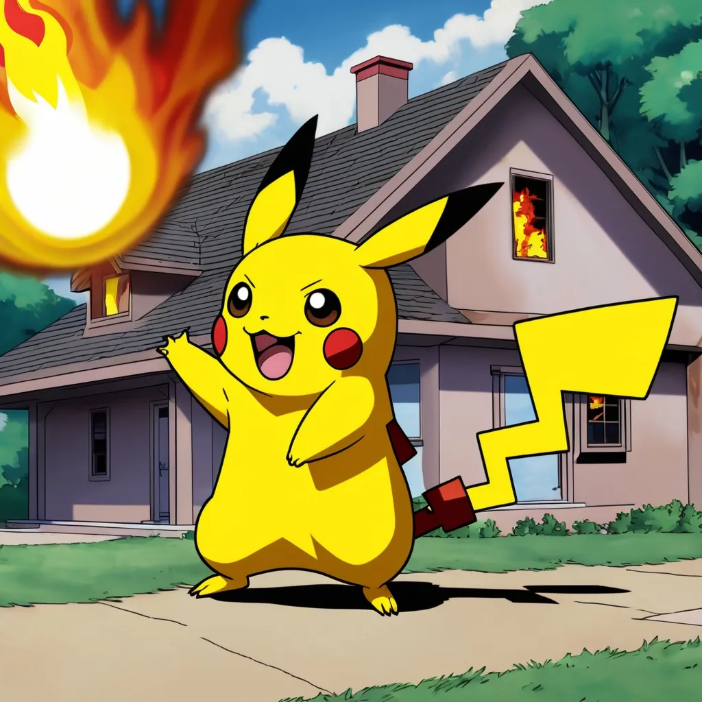 Prompt: picachu using fire ball to burn a house