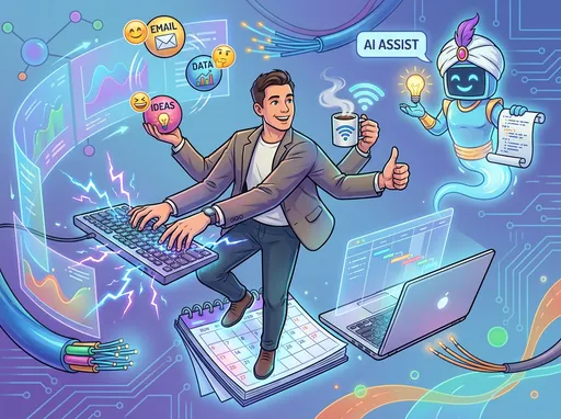 Prompt: Illustration of a modern professional with four arms multitasking:  
1. typing on a glowing keyboard with digital lightning,  
2. holding a coffee cup shaped like a Wi-Fi router with signal waves,  
3. juggling three balls labeled Email, Data, Ideas with emoji faces,  
4. giving a thumbs-up.  
Balancing on a floating calendar, one foot on a hovering laptop.  
Background includes abstract digital workspace elements, flowing charts, connection nodes.  
A friendly AI genie emerges from a chat bubble, offering a lightbulb and a data scroll.  
Clean lines, vibrant professional colors, digital art style, playful yet polished, dynamic composition.
