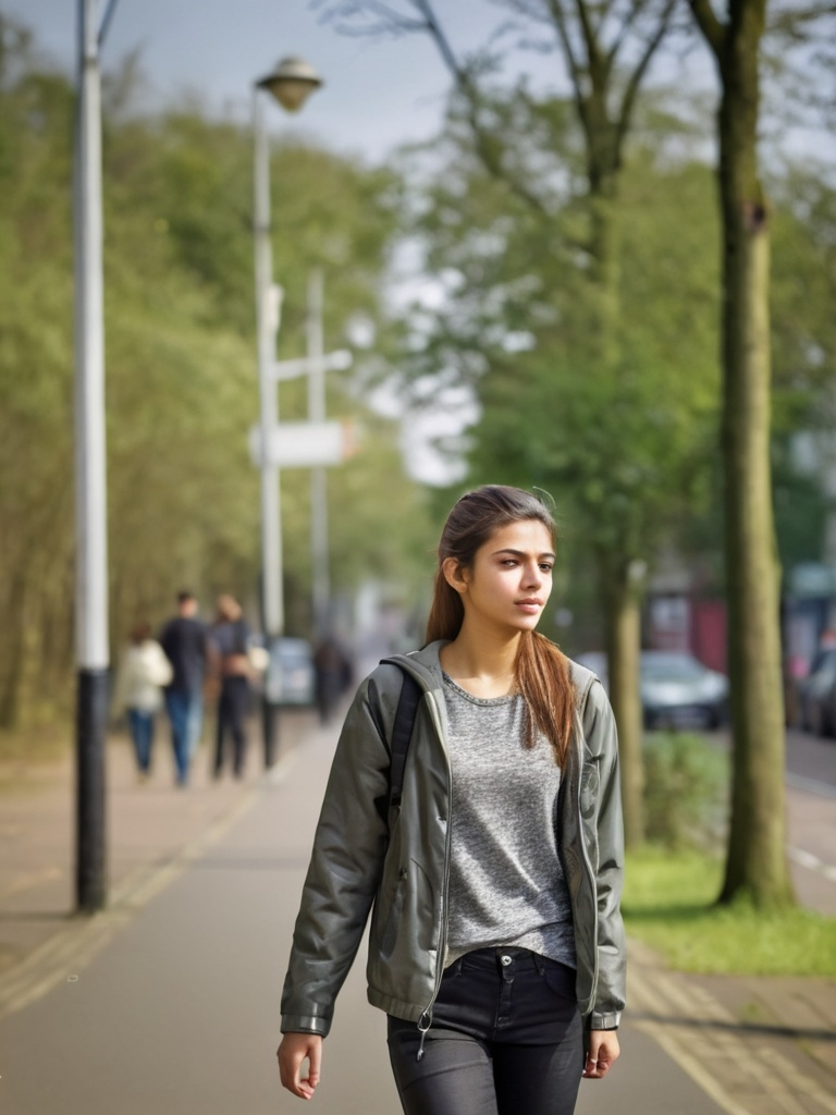 Prompt: Tall young woman walking down the high street, detailed clothing, realistic, natural lighting