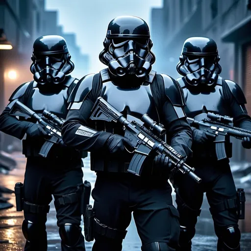 Prompt: navy seals wearing all black   ,  wearing  solid black storm trooper helmets  , night time background, full moon in the background,  look ready to kill ,  star wars blaster rifles in their hands  4k high quality
