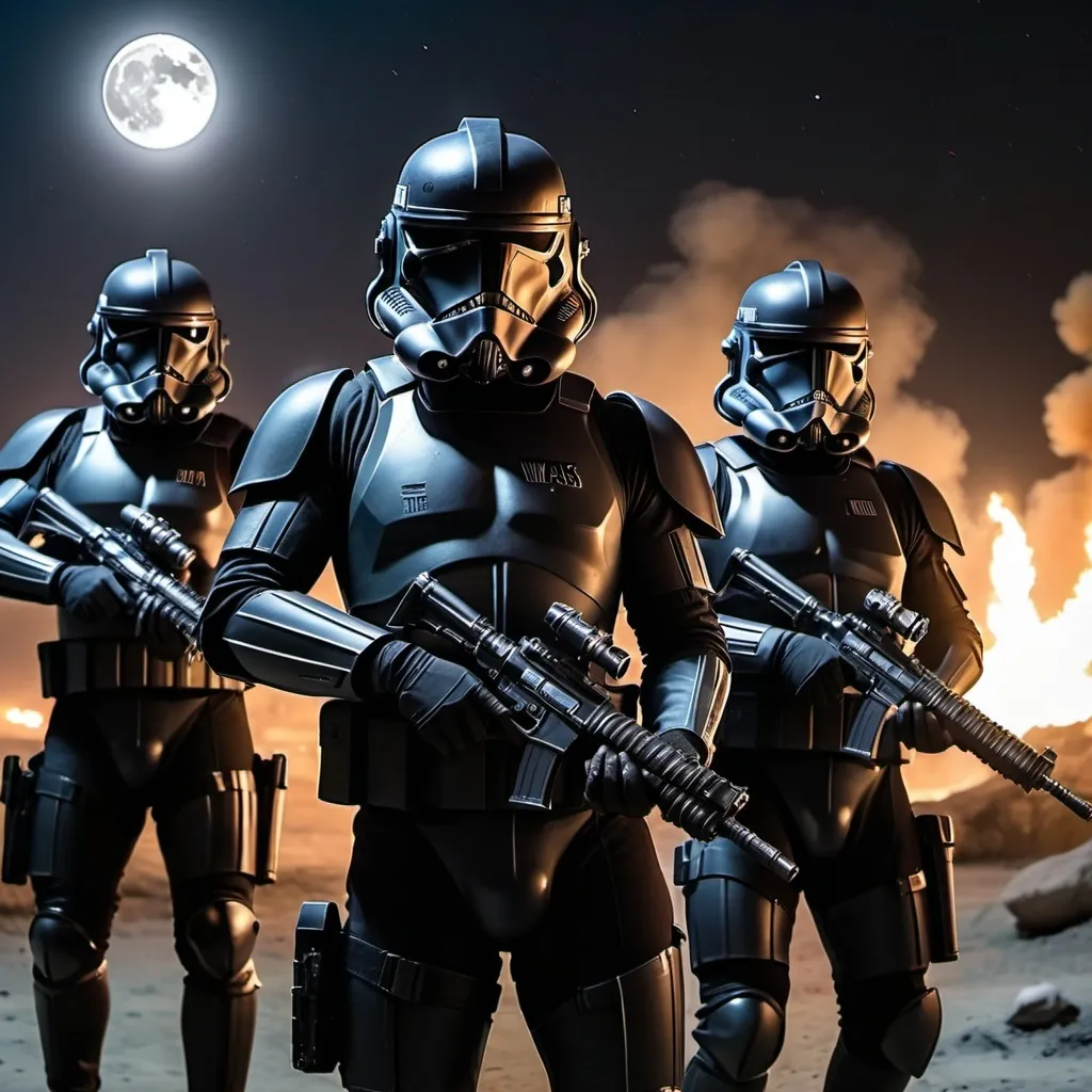 Prompt: navy seals wearing all black   ,  wearing  solid black star wars clone trooper helmets  , night time background, all black armor ,  full moon in the background,  look ready to kill ,   holding star wars blaster rifles in their hands  4k high quality, realistic look, buildings burning in the background 
