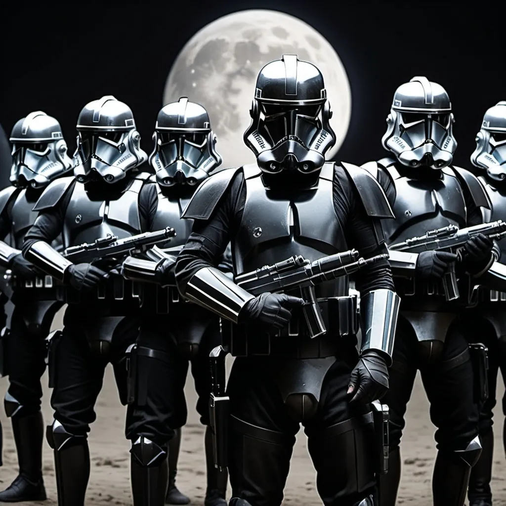 Prompt: star wars   clone commandos wearing all black , night time, full moon, ready to fight, look fierce, 
