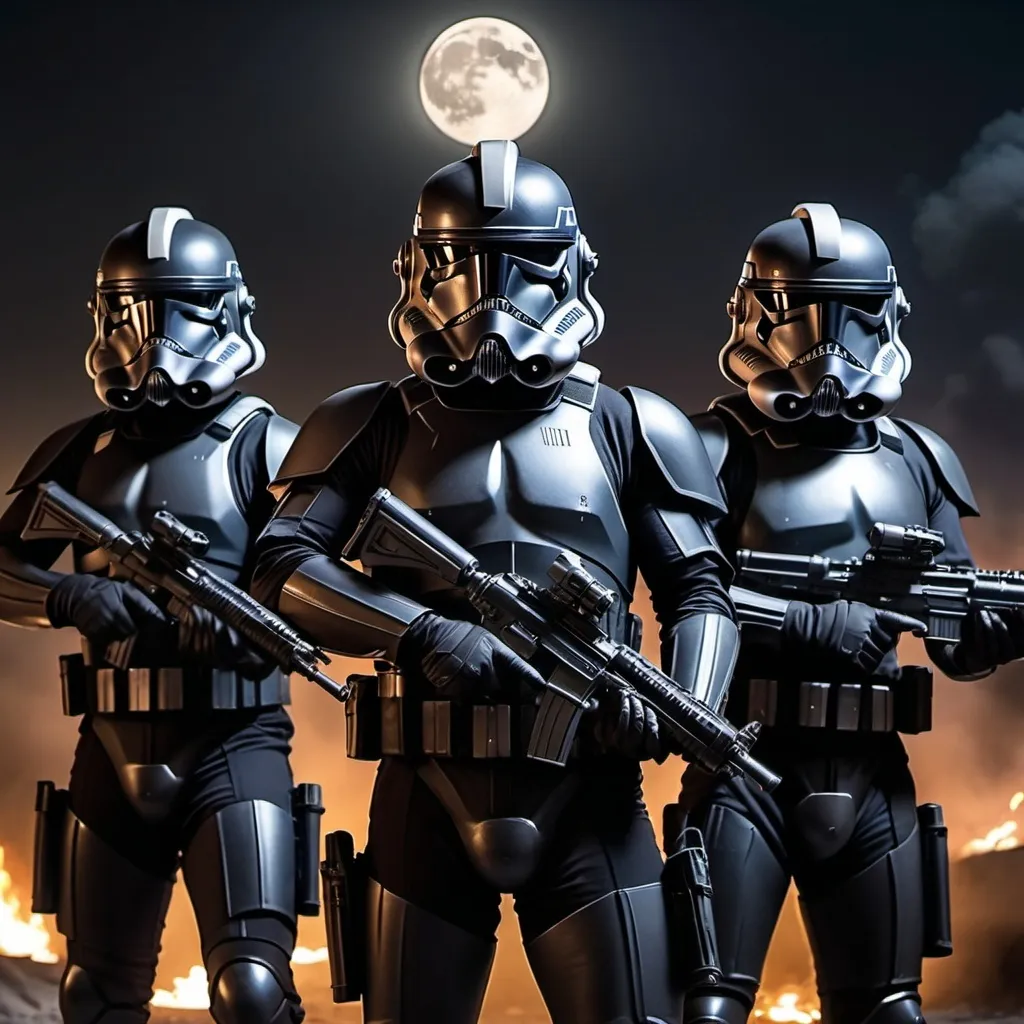 Prompt: navy seals wearing all black   ,  wearing  solid black star wars clone trooper helmets  , night time background, all black armor ,  full moon in the background,  look ready to kill ,   holding star wars blaster rifles in their hands  4k high quality, realistic look, buildings burning in the background 
