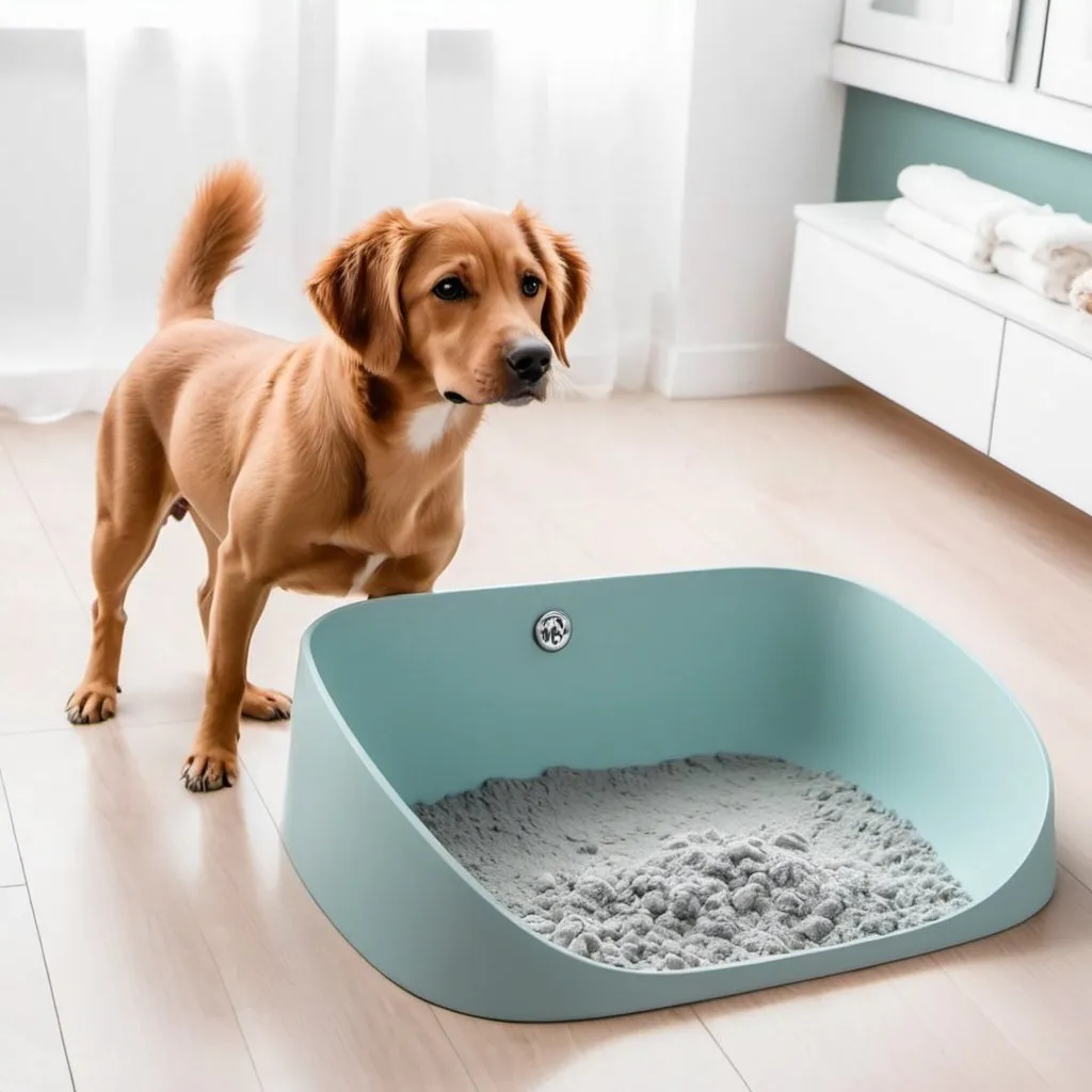 Prompt: un baño de perros en el suelo que parezca minimalista y que sea de colores tal como el o gris. este tiene que estar en el  suelo y ser para mascotas. 