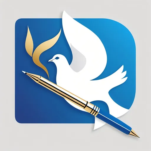 Prompt: Dove holding a pen in its beak, logo design, centered composition, “The Pen Is Stronger Than The Sword” in large bold letters, “CELEBRATING 25 YEARS OF IFLAC PEACE - BUILDING” beneath in large bold letters, vibrant light blue and royal blue gradients, touches of white and gold accents, sleek modern style, professional typography, crisp and high quality, striking and meaningful.
