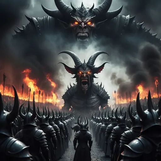 Prompt: Parade of Giant demon knights with raised swords all lined up in a row marching overtaking ancient city street glowing eyes angry expressions overwhelming spectacle biblical referenced density distance effect intense fires burning in the background darkness immersed nightmare spectacle army of demon soldiers ultra realistic masterpiece epic 4k chaos swords in front with kind demon in the background as well mega giants wearing goat face's 