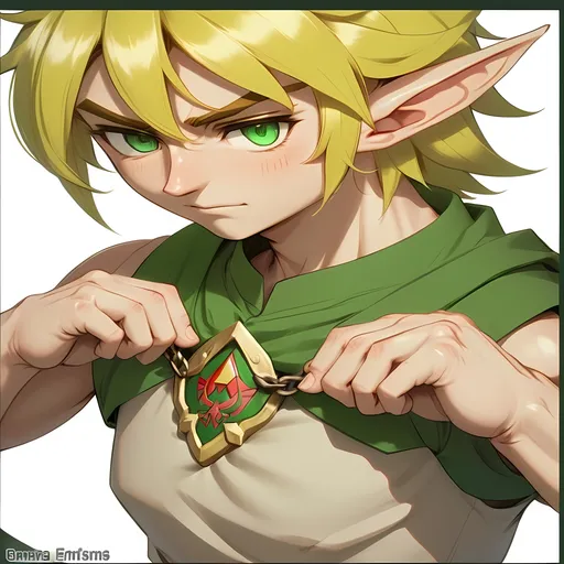 Prompt: character Link petite elf male short wavy blonde hair styled pointy nose elf ears looking down wearing green tunic sleeveless both hands holding up cloth toned beautiful feminine big eyebrows ultra anime style shadows enhanced masterpiece 4k curiosity perfect face perfect eyes Legend of Zelda style abs holding up shirt hands gripping cloth lifting stomach reveal wearing emblem necklace 