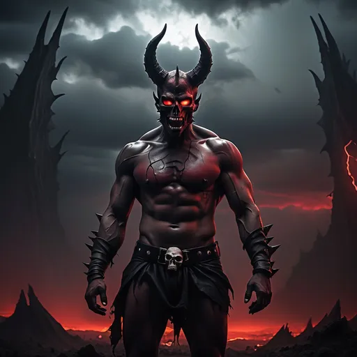 Prompt: Large hole with cracked edges deep red glowing light emanating out of hole with large black demon male with single horn attached to forehead and a second face embedded into chest with spikey shoulders muscular body wearing black leather loincloth with skull belt rising up out from hole intense powerful hellish biblical nightmare atmosphere dead landscape of ash and charcoal red gloomy freakish sky above evil ultra realm ultra realistic masterpiece 4k epic shadows enhanced Babylon style