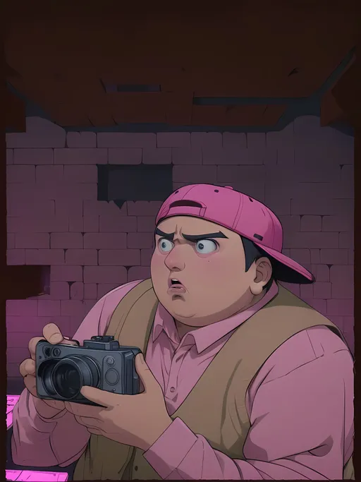 Prompt: Beautiful overweight male cameraman pudgy face shocked expression short black hair big nose wearing pink backwards baseball cap wearing pink collared shirt underneath tan fishing vest bushy eyebrows both hands holding camera inside dark castle room of limestone darkness immersed atmosphere shadows enhanced masterpiece 4k anime style 