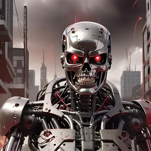 Prompt: Cyborg character chrome skeleton endoskeleton fully armored chest tiny red glowing eyes with human teeth square jawline circular insert on side of head wires and cables attached inside sides of chest cavity chrome arm fixtures articulate joints thick chrome spinal cord chest chassis hand gripping futuristic black assault rifle with scope attached laser projectiles beaming intimidating appearance inside future city apocalypse Metropolis destroyed concrete and steel buried junk cars covering background landscape nightmare epic ultra realistic masterpiece 4k intense Terminator style cloudy atmosphere 