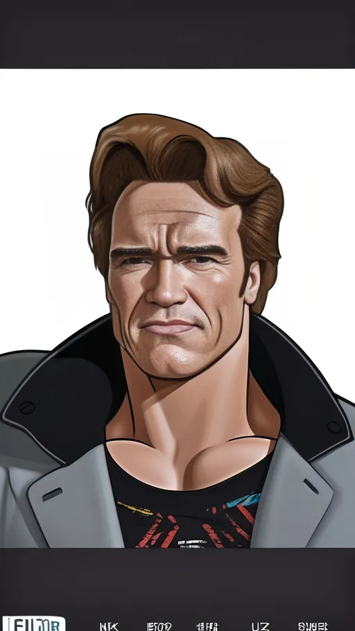 Prompt: character Arnold Schwarzenegger male bodybuilder prominent features Austrian masculine facial features average brown puffy hair styled wearing average grey jacket with partial black collar upright with black shoulder straps and buttons on the collar wearing black t shirt underneath with retro color print design ultra realistic masterpiece 4k oily