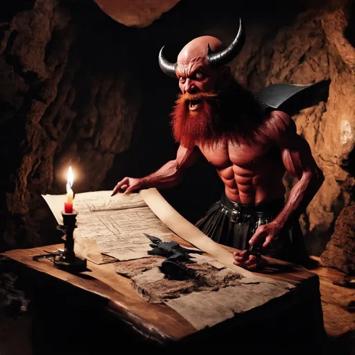 Prompt: Devil male muscular curved black horn's sharp teeth red beard bald head three fingered hands wearing long black leather kilt skirt slightly leaning glowing eyes prominent facial features attitude standing behind wood table with paper parchment with quilt pen and candle inside underground cavern darkness immersed evil shadows enhanced masterpiece 4k 