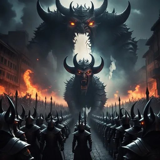 Prompt: Parade of Giant demon knights with raised swords all lined up in a row marching overtaking ancient city street glowing eyes angry expressions overwhelming spectacle biblical referenced density distance effect intense fires burning in the background darkness immersed nightmare spectacle army of demon soldiers ultra realistic masterpiece epic 4k chaos swords in front with kind demon in the background as well mega giants wearing goat face's 