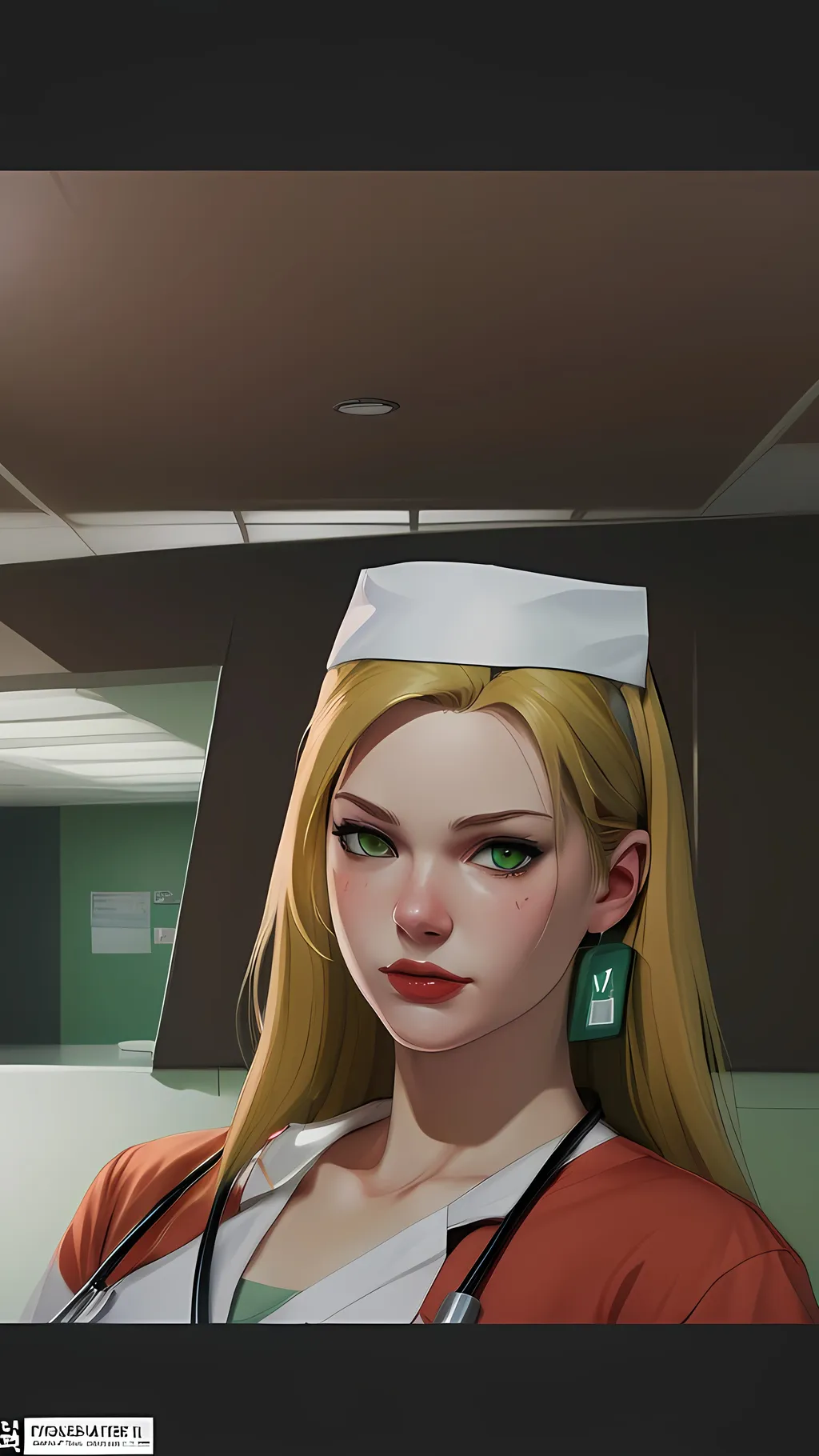 Prompt: Character Lisa Garland Beautiful female nurse long straight orange blonde hair green eyes wearing lipstick shy expression pale skin wearing small white nurse cap wearing white collared nurse dress underneath red cardigan sweater wearing green armband and green name tag inside main lobby of hospital darkness immersed shadows enhanced slightly puffy face anime style masterpiece 4k Silent Hill wearing green jem earrings 