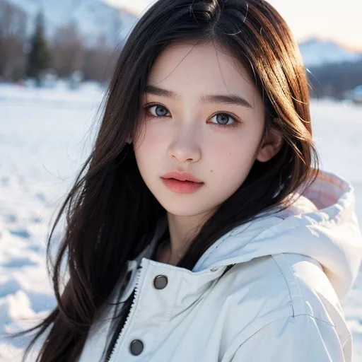 Prompt: girl age of 15 year old, wearing a snow jacket, beautiful face and eyes. (extremely delicate and beautiful), high res, high quality, high detail, 
