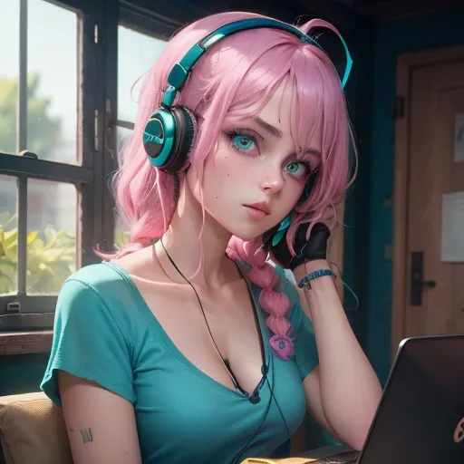 Prompt: a girl with a blue shirt and turquoise headphones, green hair, ((pink eyes)), intricate detail, ultra quality, 8k, 8k resolution, HDR, UHD, masterpiece, best quality 