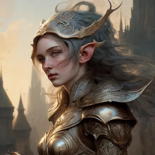 Prompt: Highly detailed, hyper-detailed, 8k, 16, FXAA, high resolution, 8k resolution, ultra detailed, Renaissance, curvy woman, elf ears, sliver paladin armor , light brown hair, long hair fantasy, by  by greg rutkowski