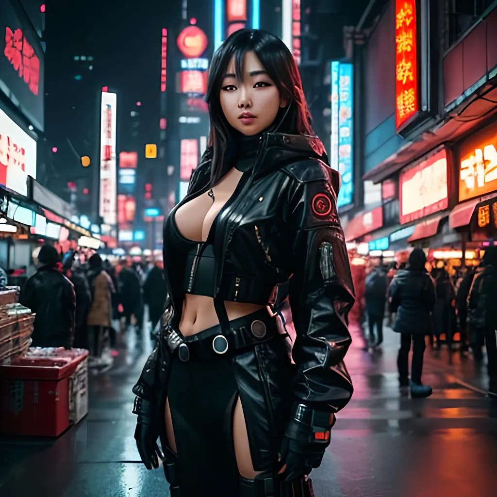 Prompt: an attractive young woman high detailed (resembling young woman Asian)(smirk)adorned in Cyberpunk Techwear, NeoTokyo Street market surroundings. cinematic dslr image taken at street level, 8k, HDR