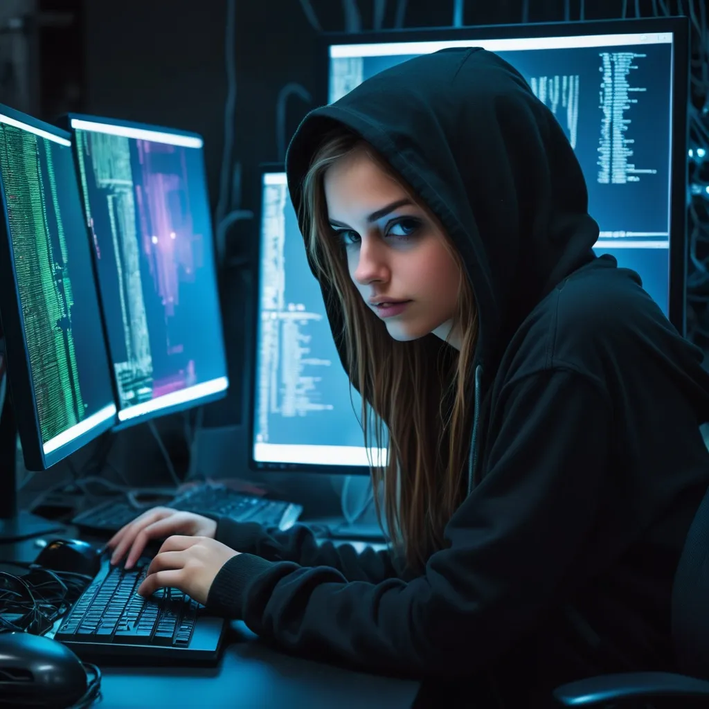 Prompt: a hacker girl in front of a computer