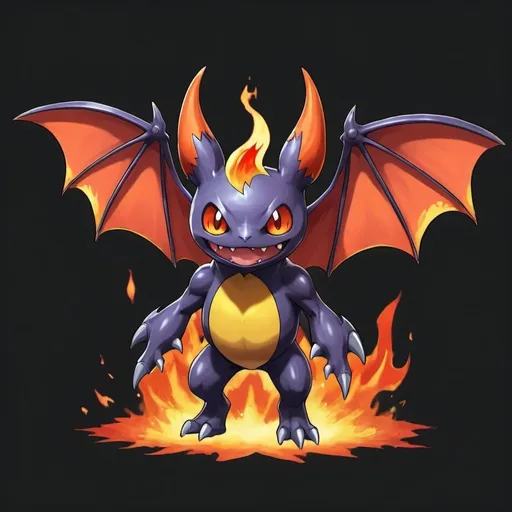 Prompt: A Pokémon in the style of a bat that is fire type and seems juvenile add flames to wings 