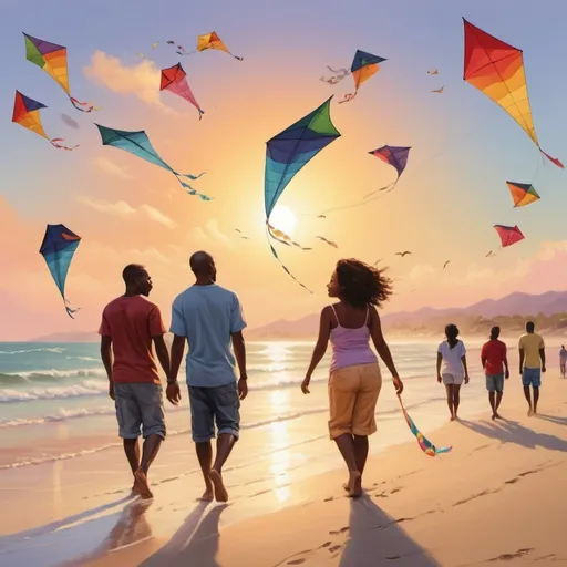 Prompt: Black people enjoying sunrise on a beach, colorful kites flying in the sky, warm natural tones, high quality, realistic, serene atmosphere, detailed facial features, sandy beach, beautiful sunrise, peaceful, tranquil, beach setting, joyful expressions, warm sunlight, vibrant kites, natural lighting